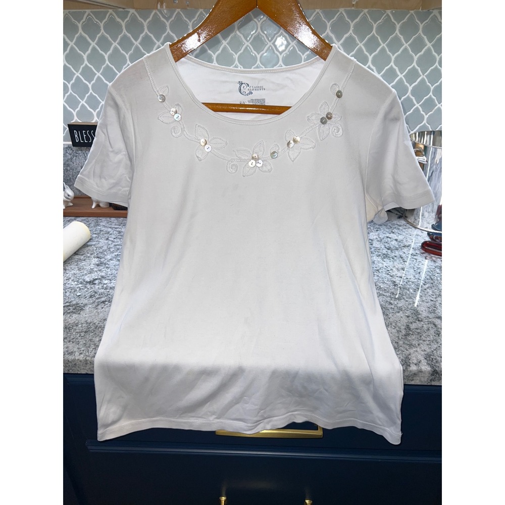 Classic Elements Womens White Cotton Floral Embroidered Sequin T-Shirt Small S/C